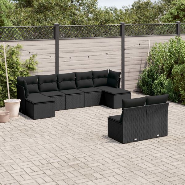 vidaXL 9-delige Loungeset met kussens poly rattan zwart