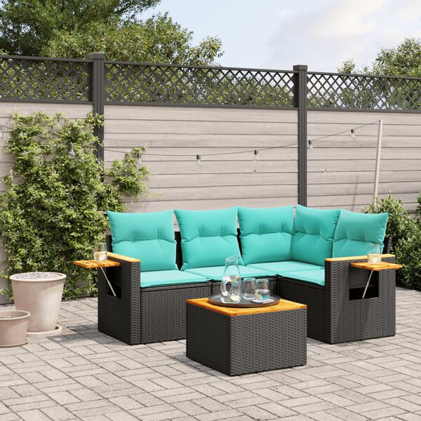 vidaXL 5-delige Loungeset met kussens poly rattan zwart