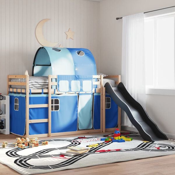 vidaXL Stapelbed met glijbaan en gordijnen blauw 90x190 cm