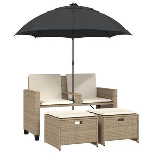 vidaXL Tuinbank 2-zits met parasol en voetenbanken poly rattan beige