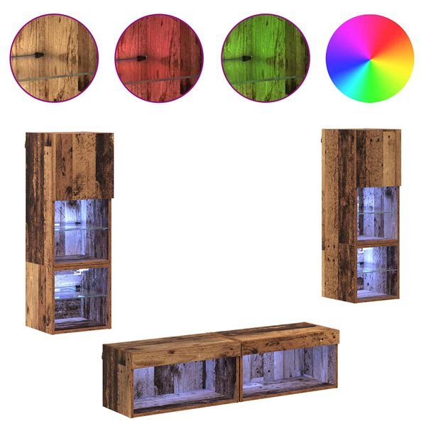 vidaXL TV-wandmeubel met LED-striplichten 6 pcs Oud Hout Bewerkt hout