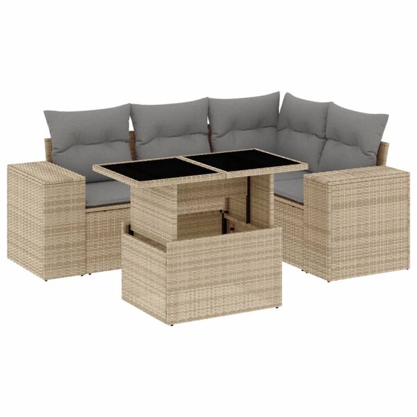 vidaXL 5-delige Loungeset met kussens poly rattan beige