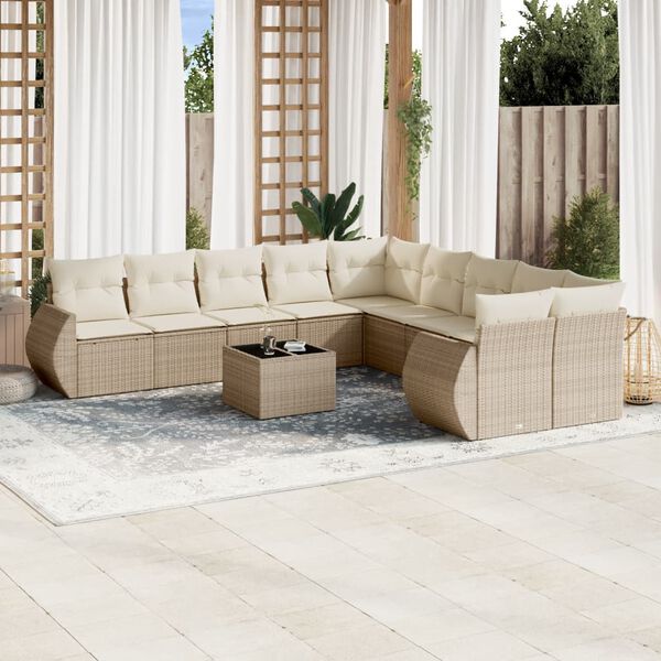 vidaXL 11-delige Tuinset met kussens poly rattan beige