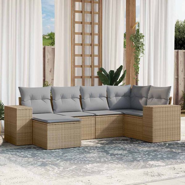 vidaXL 6-delige Loungeset met kussens poly rattan beige