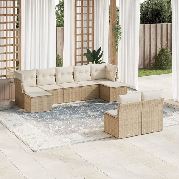 vidaXL 9-delige Loungeset met kussens poly rattan beige