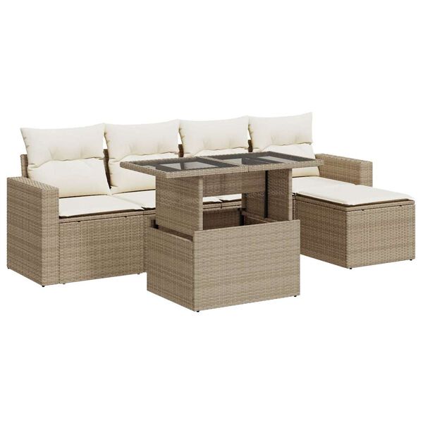 vidaXL 6-delige Loungeset met kussens poly rattan beige