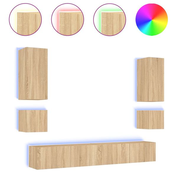 vidaXL 6-delige Tv-wandmeubelset met LED-verlichting sonoma eikenkleur