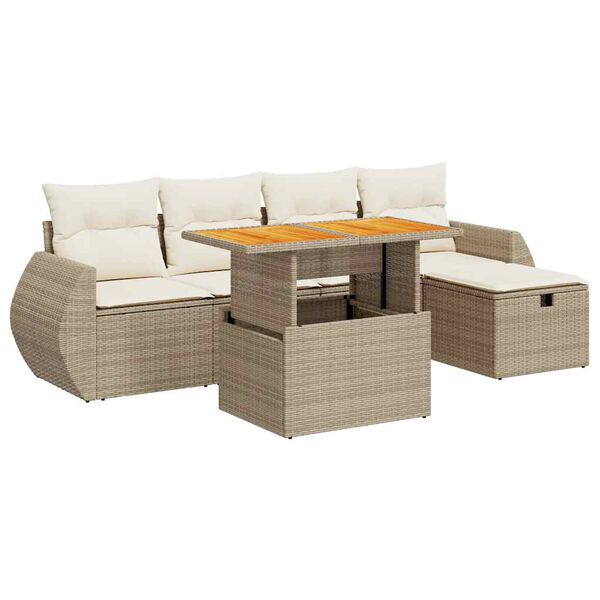 vidaXL 6-delige Loungeset met kussens poly rattan acacia beige