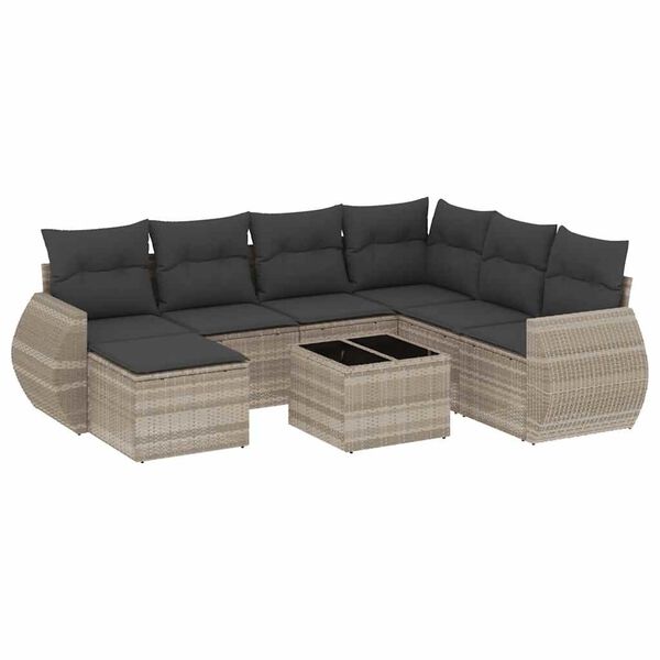 vidaXL 8-delige Loungeset met kussens poly rattan lichtgrijs