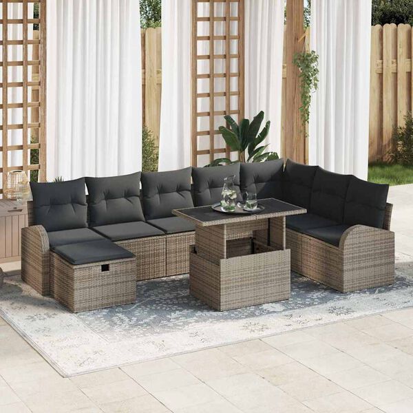 vidaXL Tuin Sofa Set met kussen met opslag 9 pcs Grijs Poly riet
