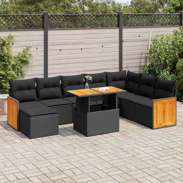 vidaXL 9-delige Loungeset met kussens poly rattan acacia zwart