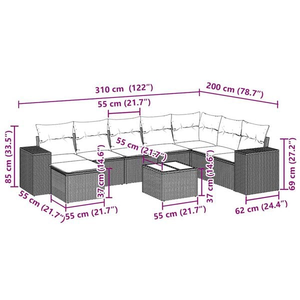 vidaXL 9-delige Loungeset met kussens poly rattan lichtgrijs