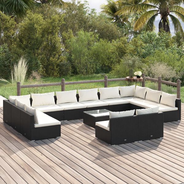 vidaXL 13-delige Loungeset met kussens poly rattan zwart