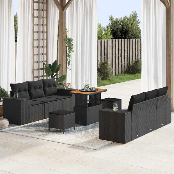 vidaXL Tuin Sofa Set met kussen met opslag 9 pcs Zwart Poly Rattan