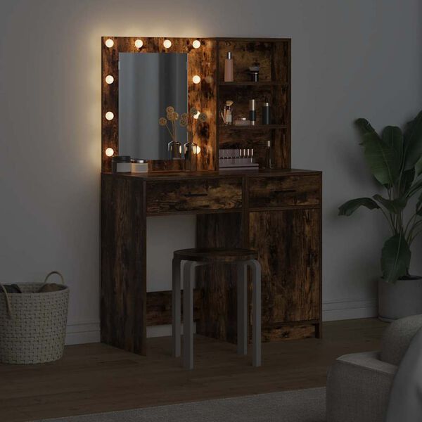 vidaXL Make-up tafel set met LED 2 pcs Gerookt eiken Bewerkt hout
