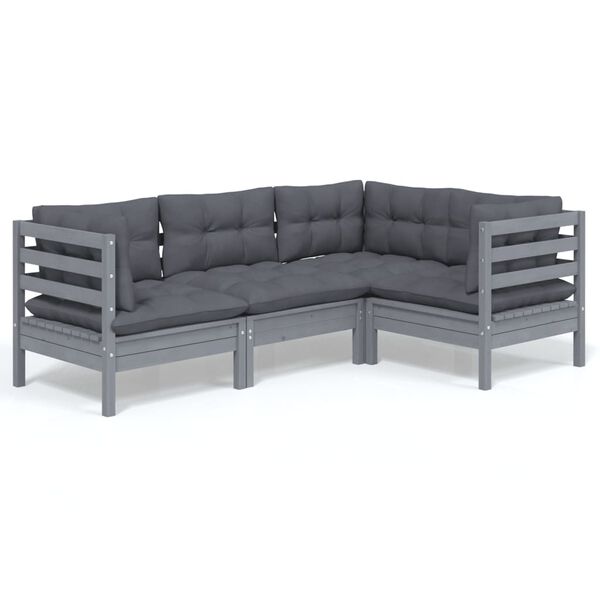 vidaXL 4-delige Loungeset met kussens grenenhout grijs