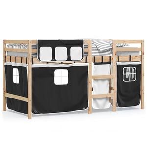 vidaXL Kinderhoogslaper met gordijnen 90x190 cm grenenhout wit zwart