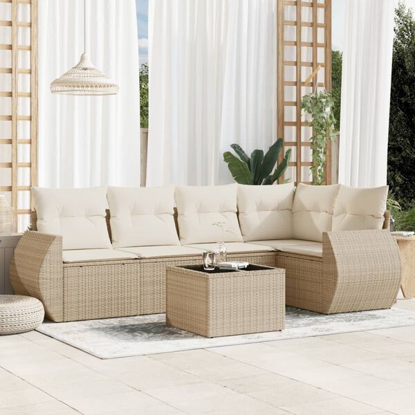 vidaXL 6-delige Loungeset met kussens poly rattan beige