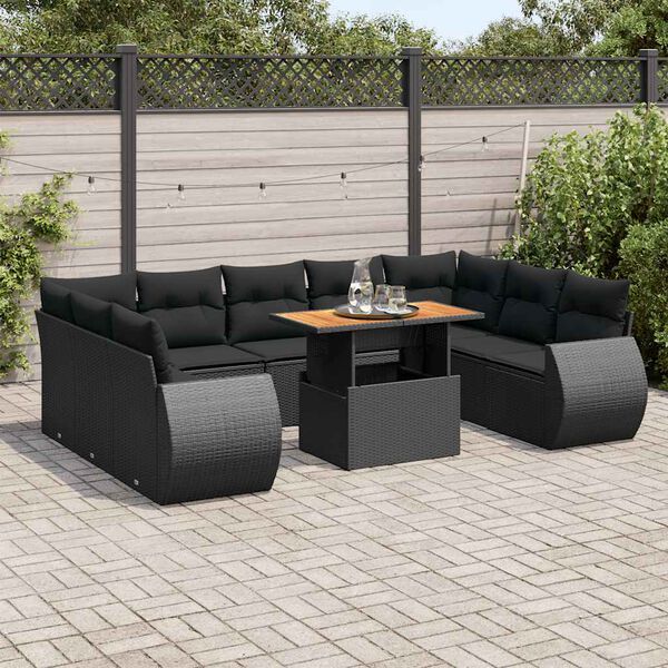 vidaXL 10-delige Loungeset met kussens poly rattan zwart