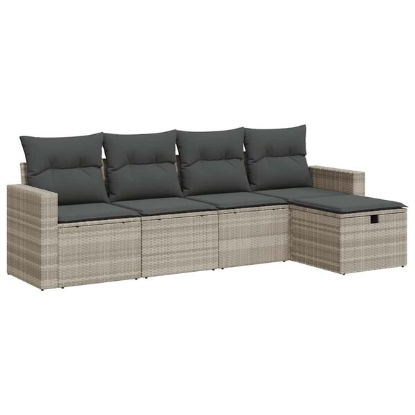 vidaXL 5-delige Loungeset met kussens poly rattan lichtgrijs