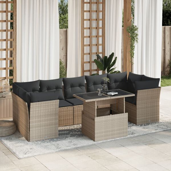 vidaXL 8-delige Loungeset met kussens poly rattan lichtgrijs