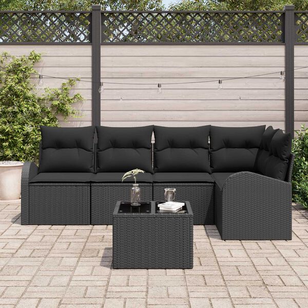 vidaXL Bankstel met kussen met opslag 6 pcs Zwart poly rattan