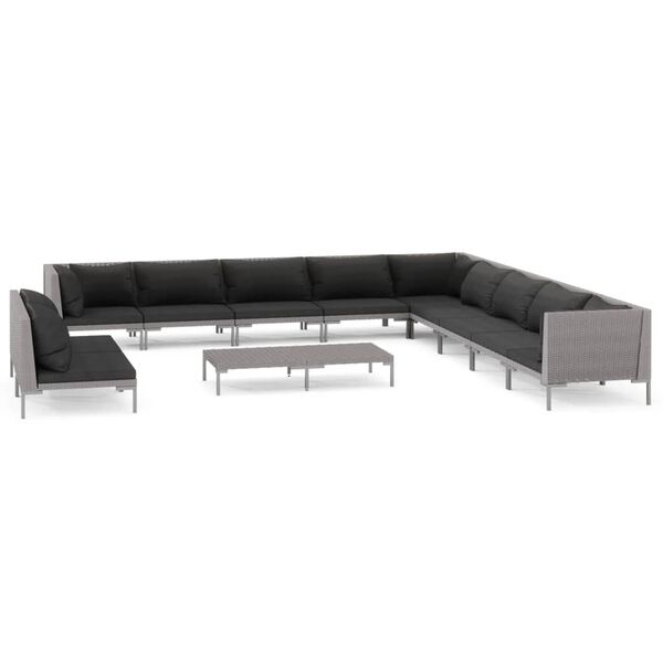 vidaXL 12-delige Loungeset met kussens poly rattan donkergrijs