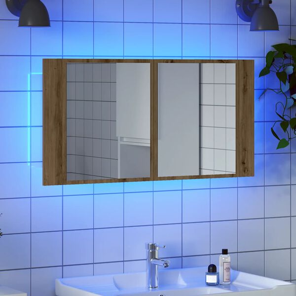 vidaXL Spiegelkast LED 90x12x45 cm bewerkt hout artisanaal eikenkleur
