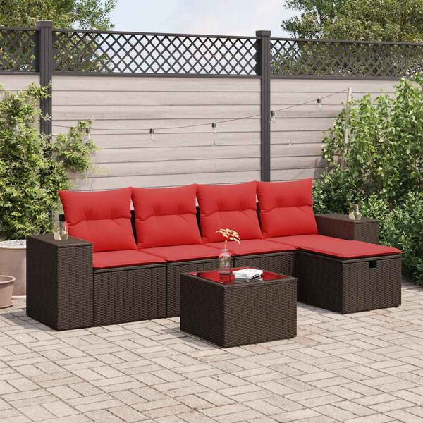 vidaXL 6-delige Loungeset met kussens poly rattan bruin