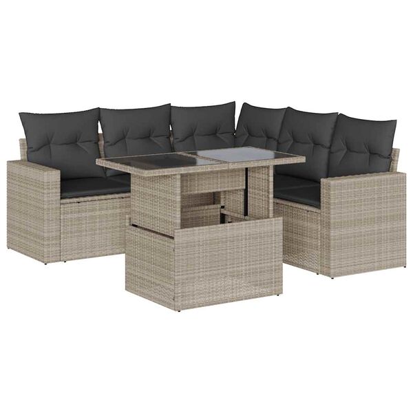 vidaXL 6-delige Loungeset met kussens poly rattan lichtgrijs