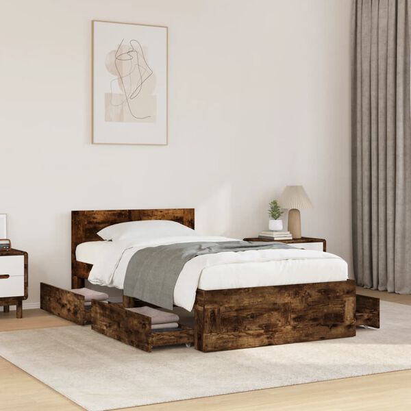 vidaXL Bedframe met hoofdbord bewerkt hout gerookt eiken 75x190 cm