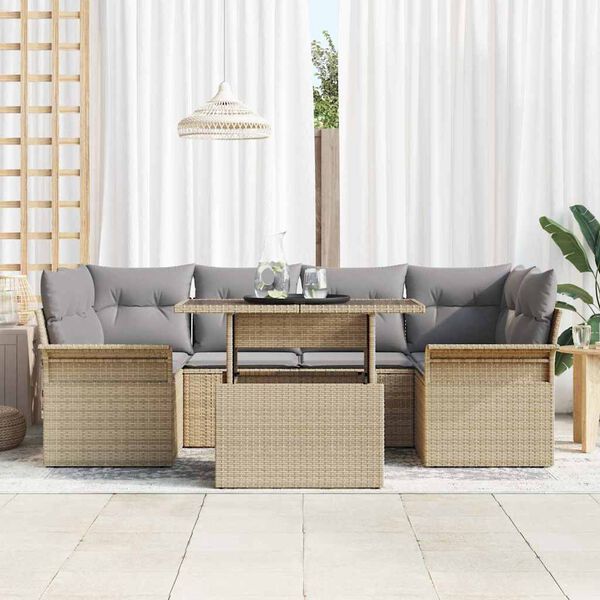 vidaXL Tuin Sofa Set met kussen met opslag 7 pcs Beige Poly riet