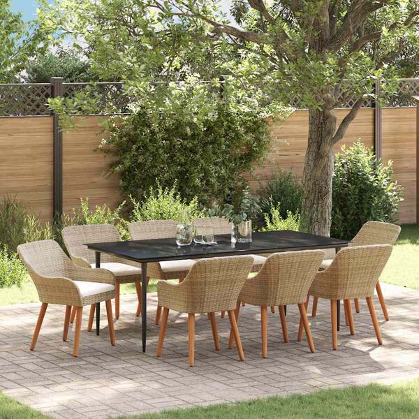 vidaXL Tuin eettafelset met kussen 9 pcs Beige poly rattan