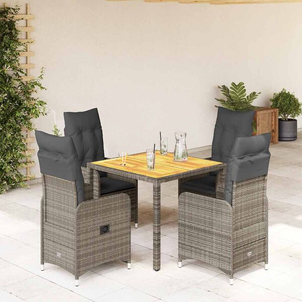 vidaXL 5-delige Bistroset met kussens poly rattan grijs