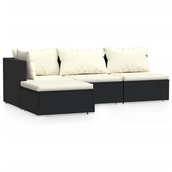 vidaXL 4-delige Loungeset met kussens poly rattan zwart