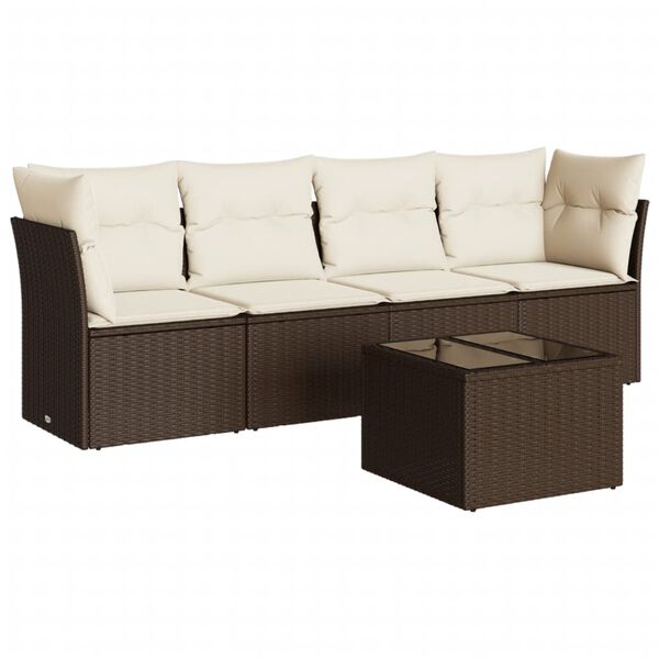 vidaXL 5-delige Loungeset met kussens poly rattan bruin
