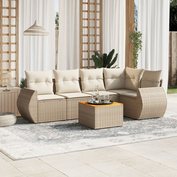vidaXL 6-delige Loungeset met kussens poly rattan beige