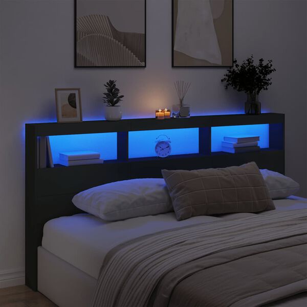 vidaXL Hoofdbordkast met LED-verlichting 200x17x102 cm zwart