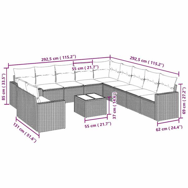 vidaXL 12-delige Loungeset met kussens poly rattan lichtgrijs