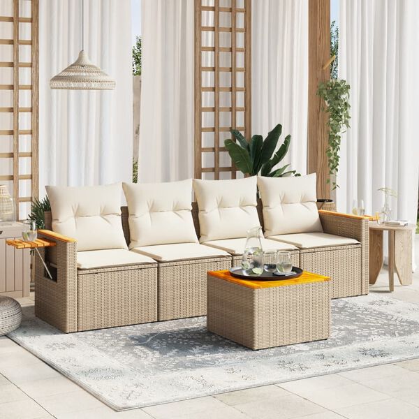 vidaXL 5-delige Loungeset met kussens poly rattan beige
