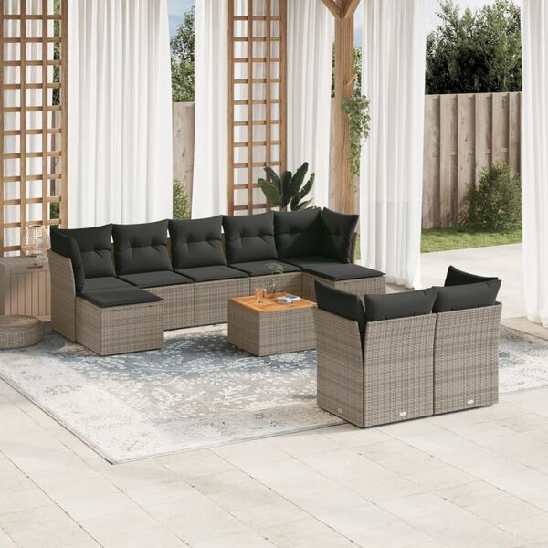 vidaXL 10-delige Loungeset met kussens poly rattan grijs