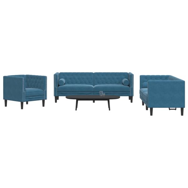 vidaXL 3-delige Loungeset Chesterfield met bolsters fluweel blauw