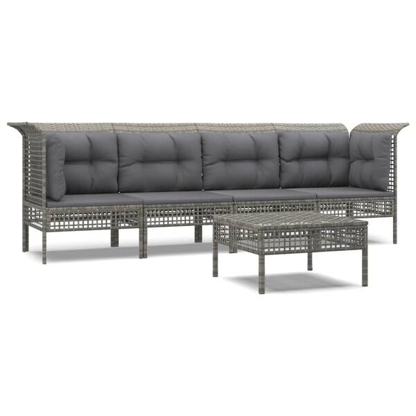 vidaXL 5-delige Loungeset met kussens poly rattan grijs