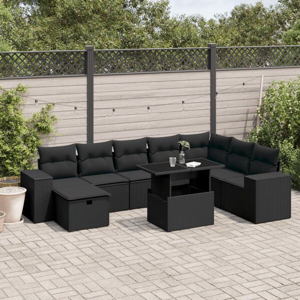 vidaXL 9-delige Loungeset met kussens poly rattan zwart