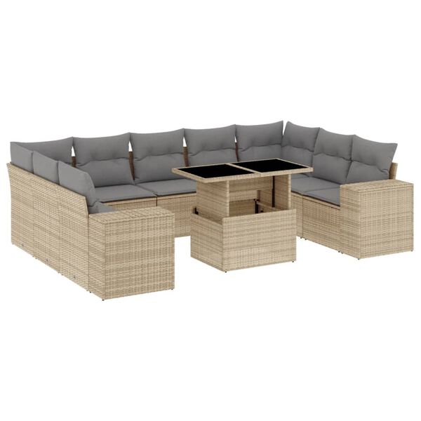 vidaXL 10-delige Loungeset met kussens poly rattan beige