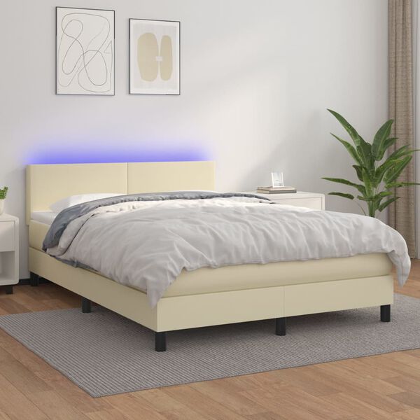 vidaXL Boxspring met matras en LED kunstleer cr&egrave;mekleurig 140x190 cm