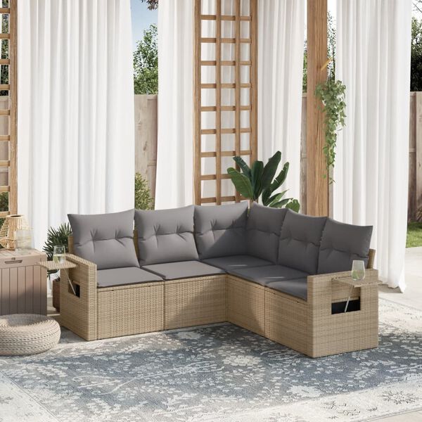 vidaXL 5-delige Loungeset met kussens poly rattan beige