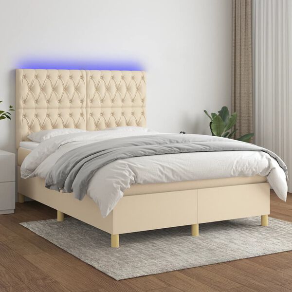 vidaXL Boxspring met matras en LED stof cr&egrave;mekleurig 140x200 cm
