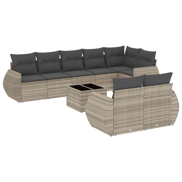 vidaXL 9-delige Loungeset met kussens poly rattan lichtgrijs