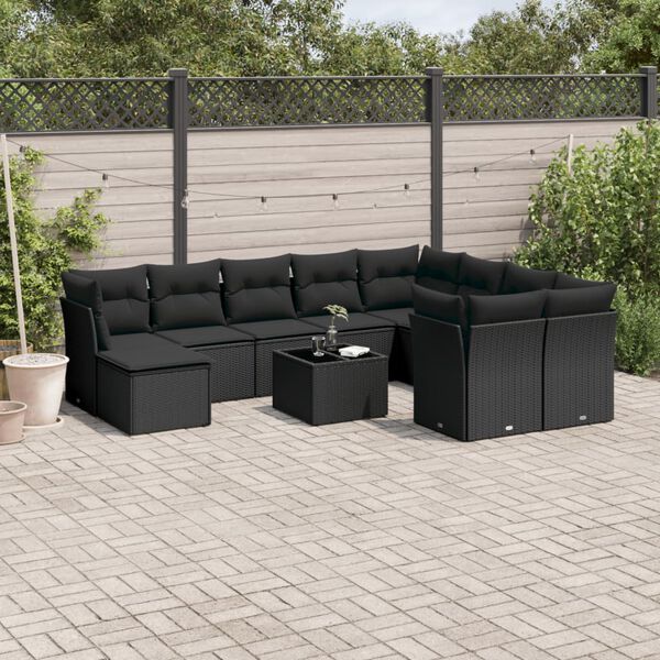 vidaXL 10-delige Loungeset met kussens poly rattan zwart